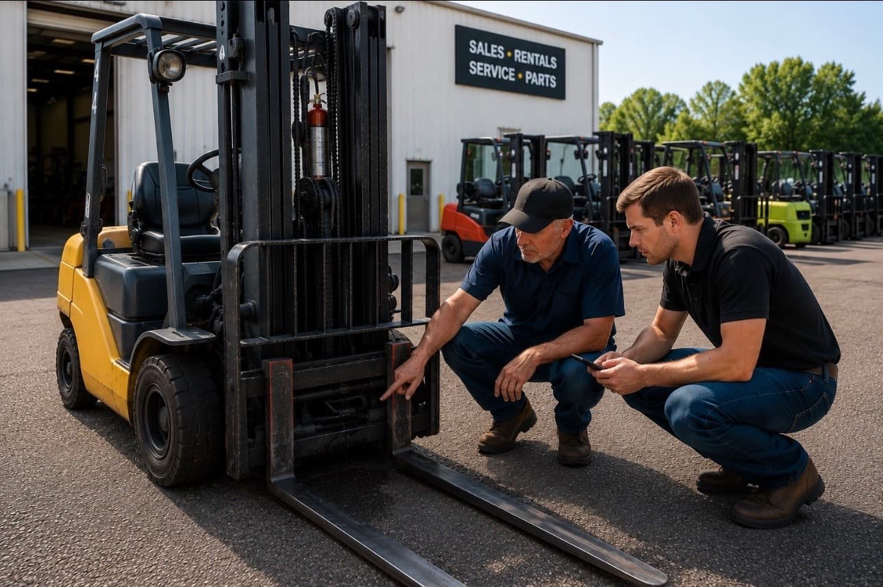 Experienced material handling professional coaching a newer employee during a forklift trade-in inspection.