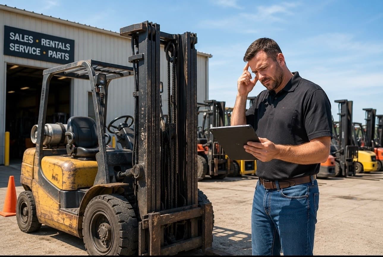 Material handling professional reviewing forklift trade-in information at an equipment dealership.
