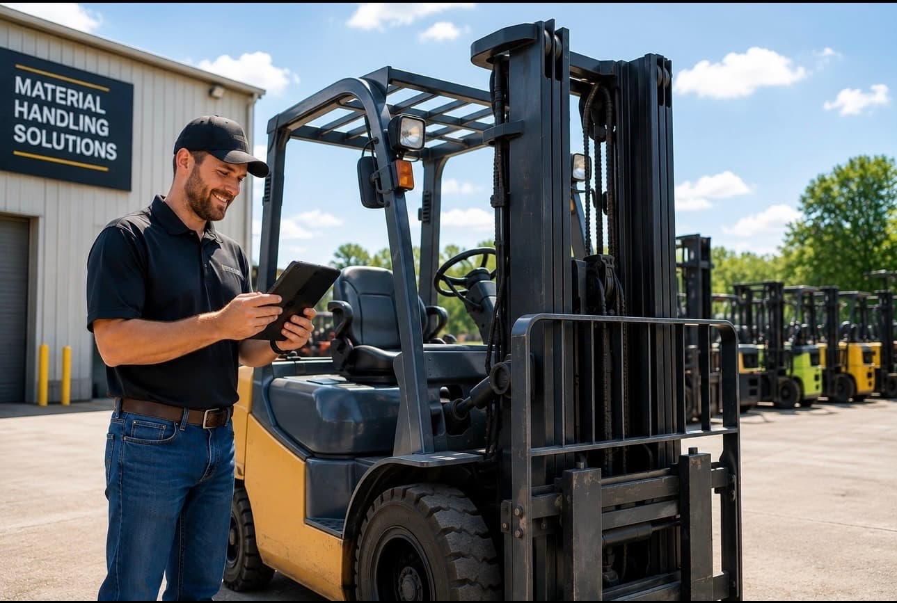 Material handling equipment professional conducting a forklift trade-in inspection using a tablet.